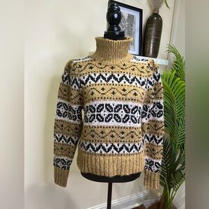 ZARA Jacquard Beaded Mustard Yellow Chunky Knit Turtleneck Sweater Medium